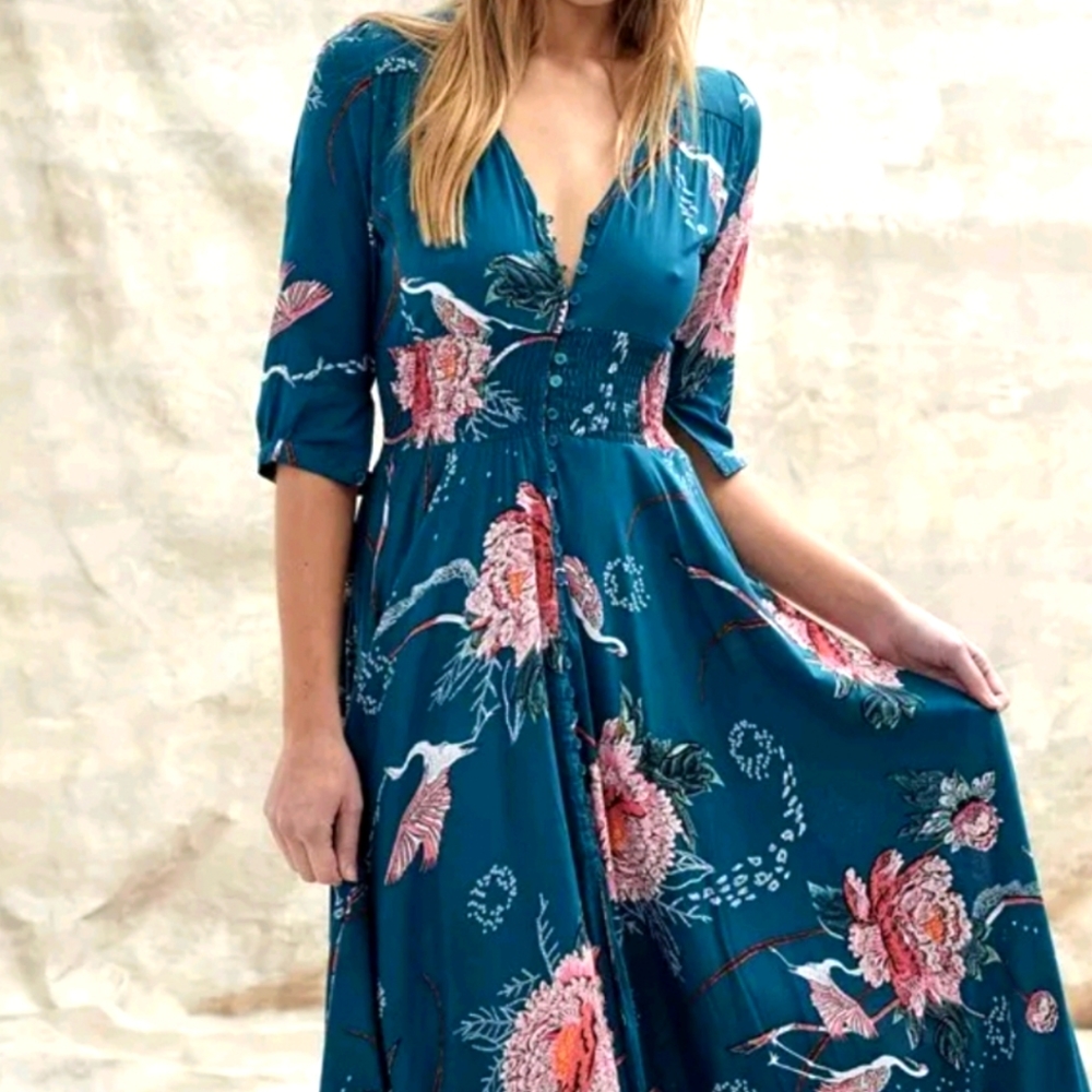 Anthropologie Teal Floral Maxi Dress with Pink Accents